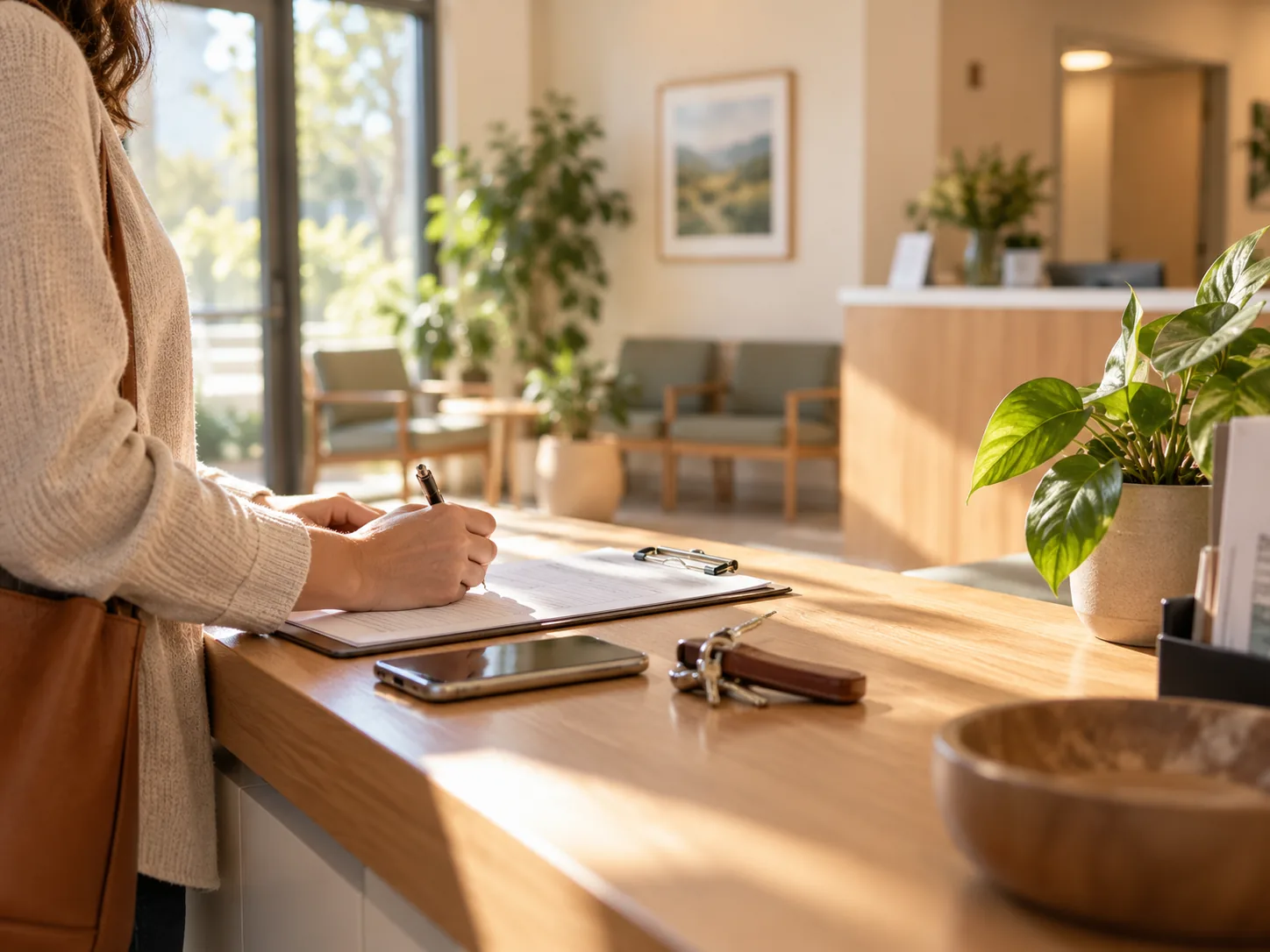A person writing on a clipboard at a sunlit clinic reception desk